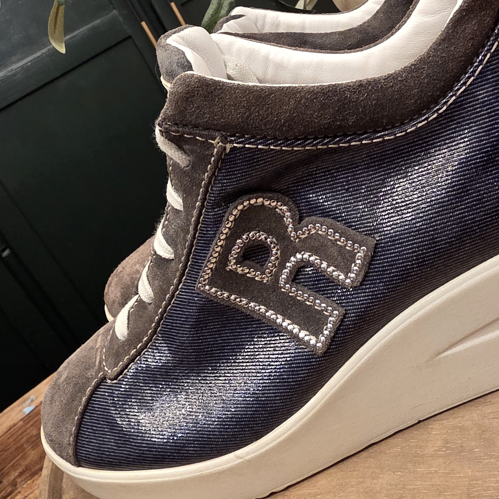 RUCOLINE Stylish Women's Wedge Sneakers in Blue Leather and Gray Suede